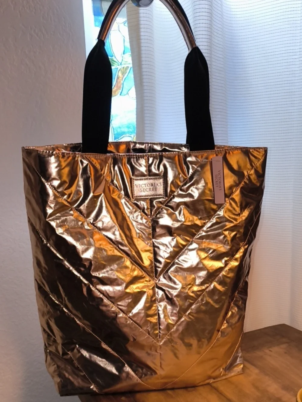 Victoria's Secret Shiny Quilted Gold Tote with Black Handles